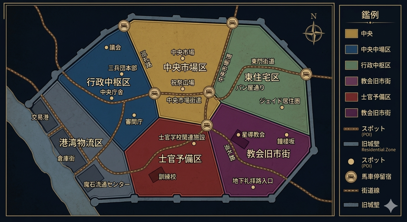 グランセントラル都市区画図 — 中央市場区・行政中枢区・東住宅区・港湾物流区・教会旧市街・士官予備区